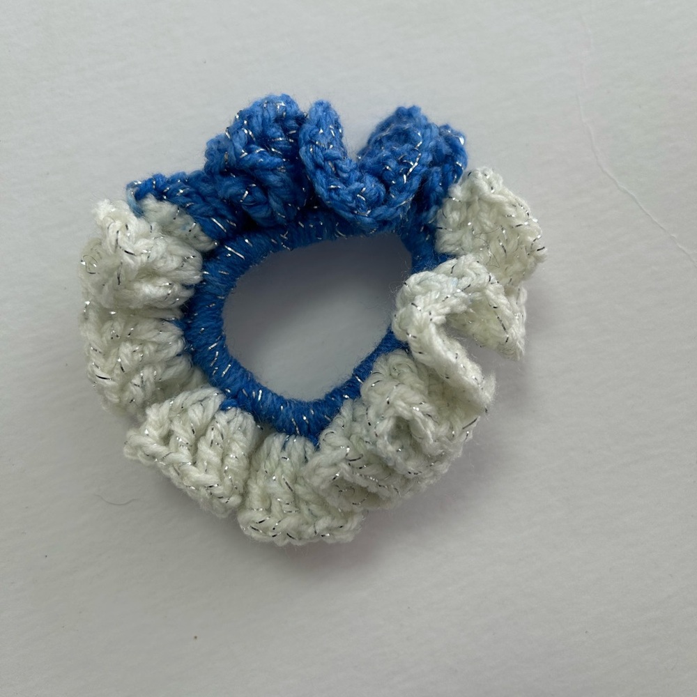Blue and White Crochet Hair Scrunchie